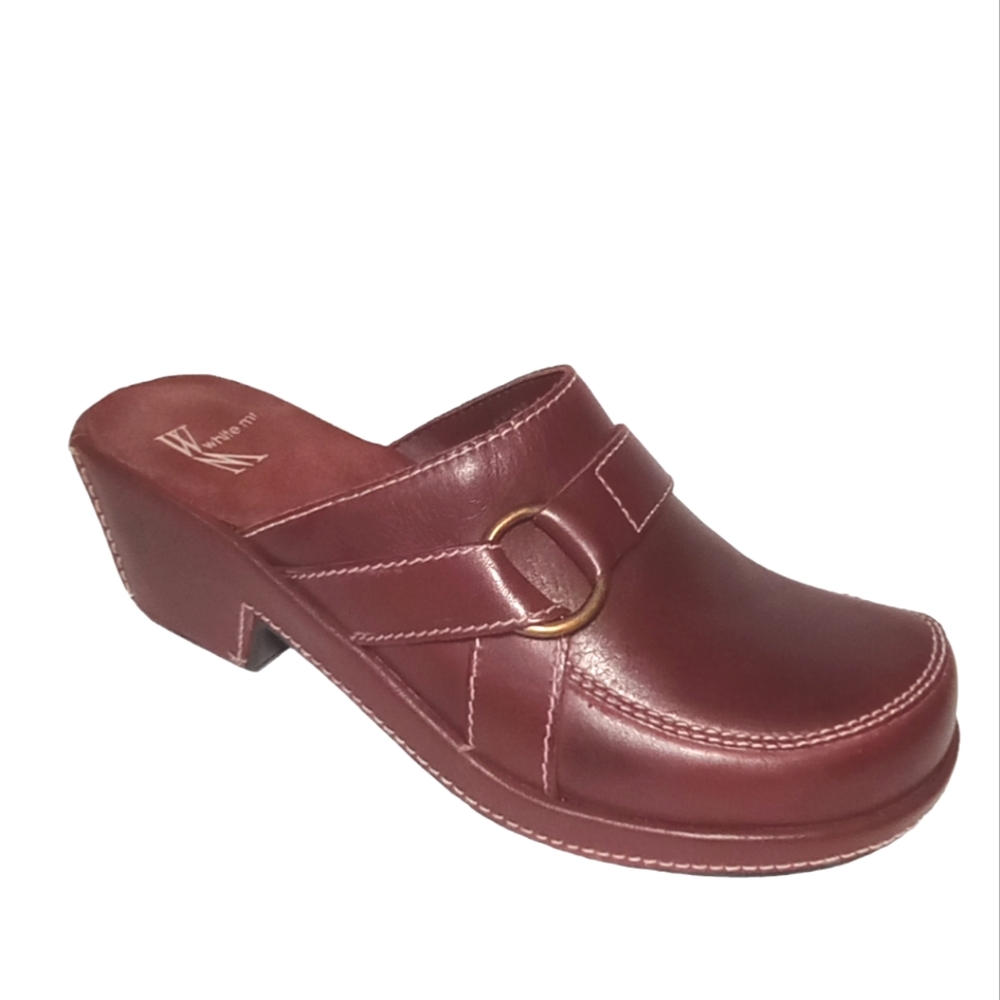 White Mountain Slip On Clogs Brown Leather Chunky Heel Loafers Shoes Size 7.5